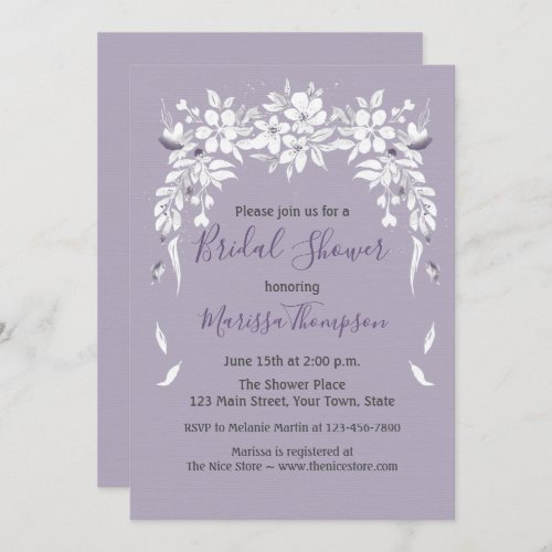 White Floral on Lilac Bridal Shower Invitation