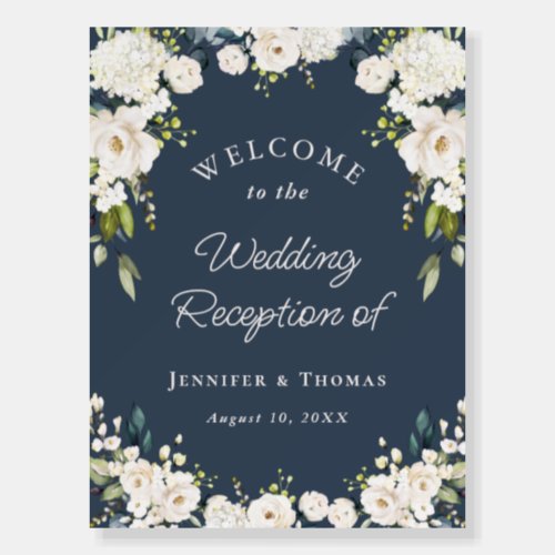 White Floral on Navy Blue Wedding Welcome Foam Board