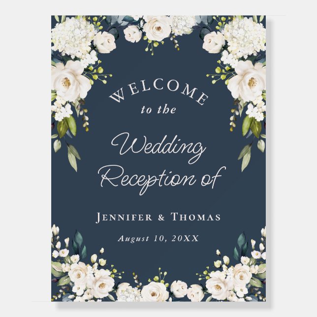 White Floral on Navy Blue Wedding Welcome Foam Board (Front)