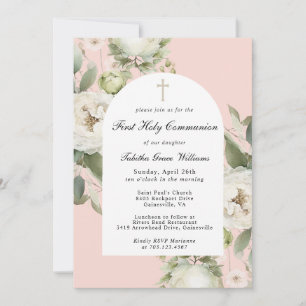 White Floral on Pink First Holy Communion Invitation