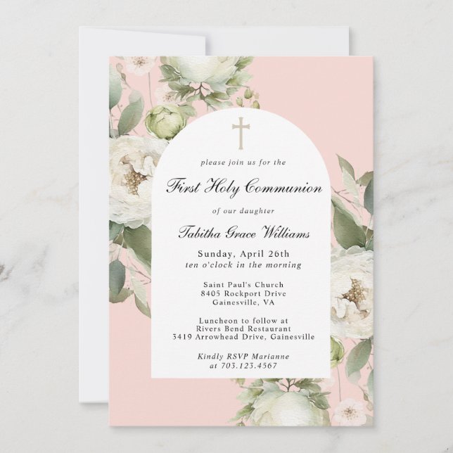 White Floral on Pink First Holy Communion Invitation (Front)