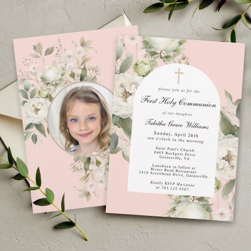 White Floral on Pink First Holy Communion Invitation