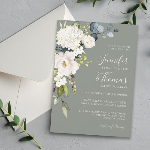 White Floral on Sage Green Elegant Wedding Invitation