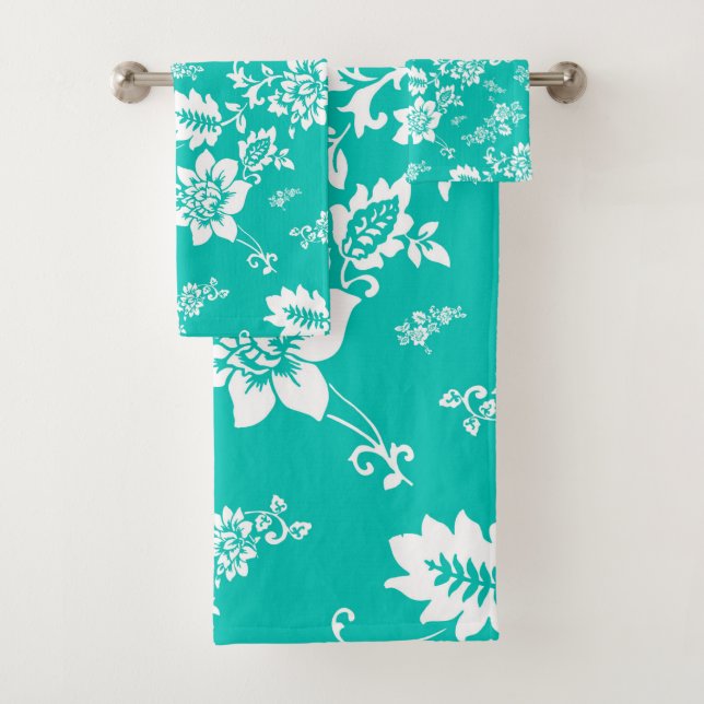 White Floral on Turquoise Background Bath Towel Set (Insitu)