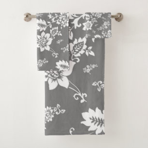 White Floral on Ultimate Gray Background Bath Towel Set