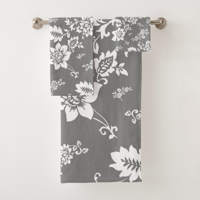 White Floral on Ultimate Gray Background Bath Towel Set (Insitu)