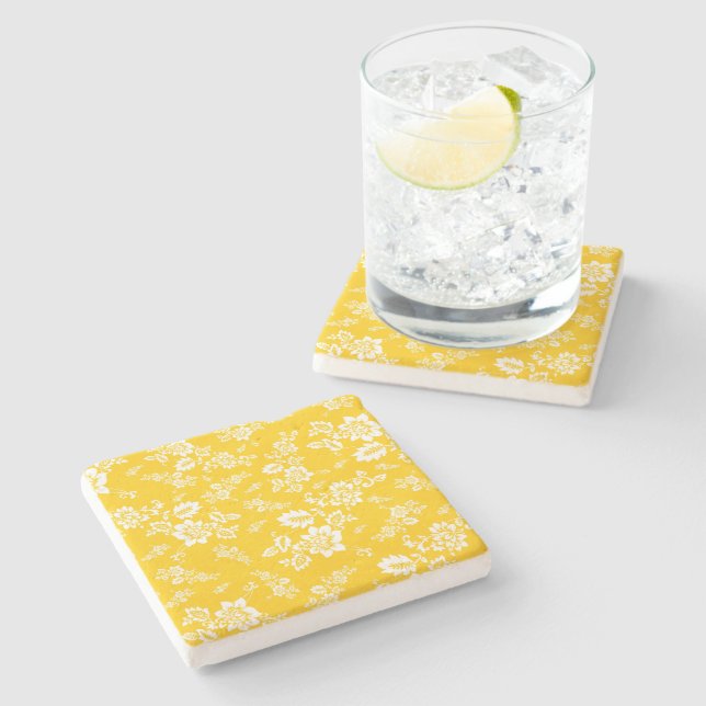 White Floral on Yellow Spring Background Stone Coaster (Side)