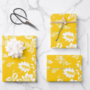White Floral on Yellow Spring Background Wrapping Paper Sheets