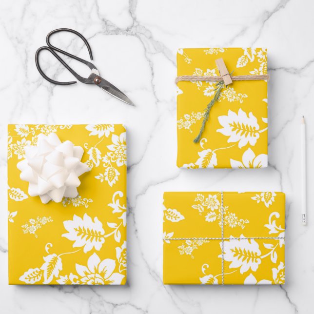 White Floral on Yellow Spring Background Wrapping Paper Sheets (Front)