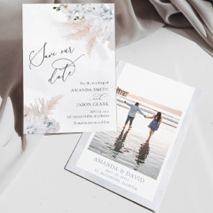 White Floral Orchid & Dusty Blue Coral Beach Save The Date