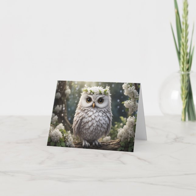White Floral Owl Note Card (Front)