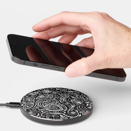 White floral paisley black background wireless charger 