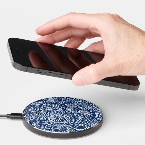 White floral paisley blue background wireless charger 