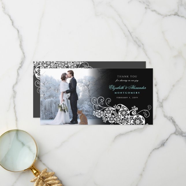White Floral Paisley Boho Elegant Wedding Photo Thank You Card (Front/Back In Situ)