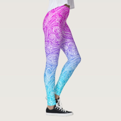 White floral paisley on pink to blue ombre leggings