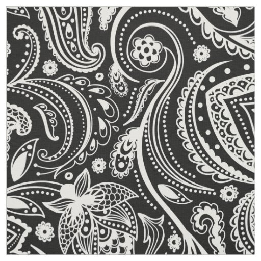 White Floral Paisley Over Custom Black background Fabric | Zazzle