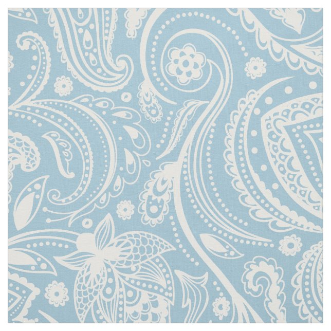 White Floral Paisley Over Custom Blue background Fabric (Swatch)