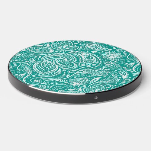 White floral paisley turquoise background wireless charger 
