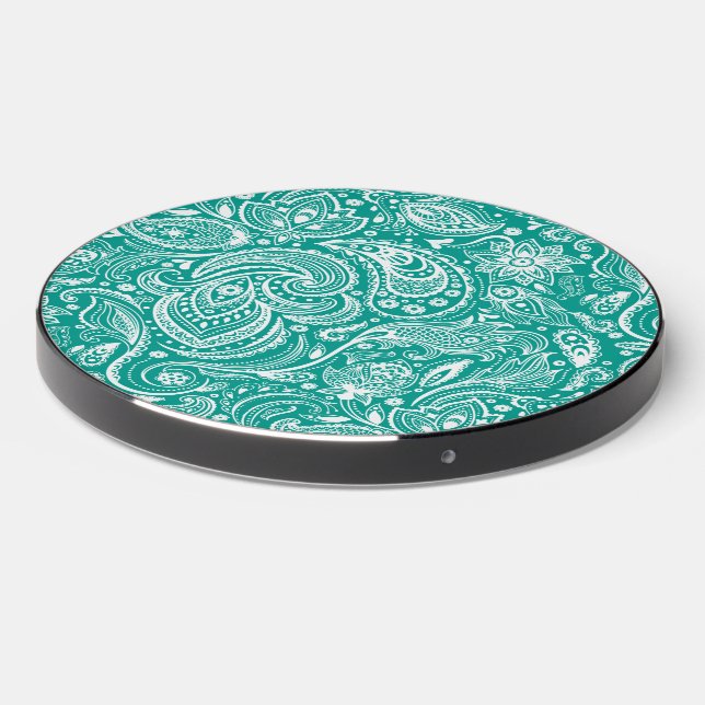 White floral paisley turquoise background wireless charger  (Front 2)