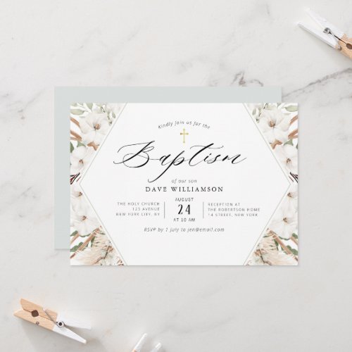 white floral pampas elegant frame baptism invitation