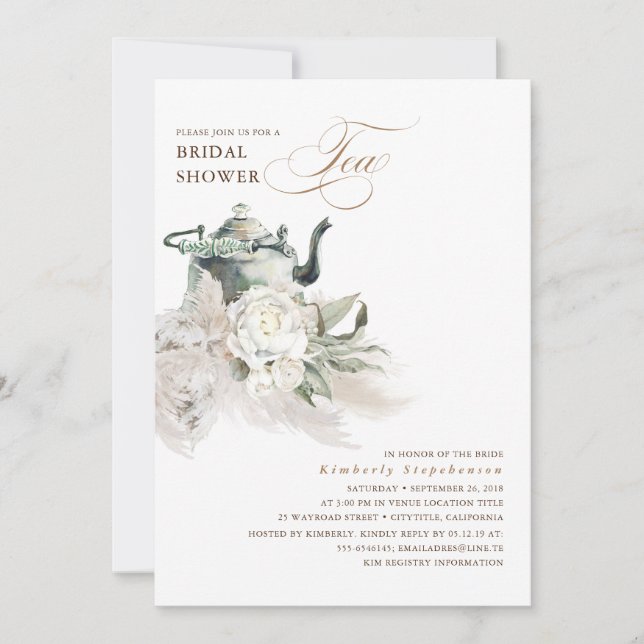 White Floral Pampas Grass Boho Bridal Shower Tea Invitation (Front)