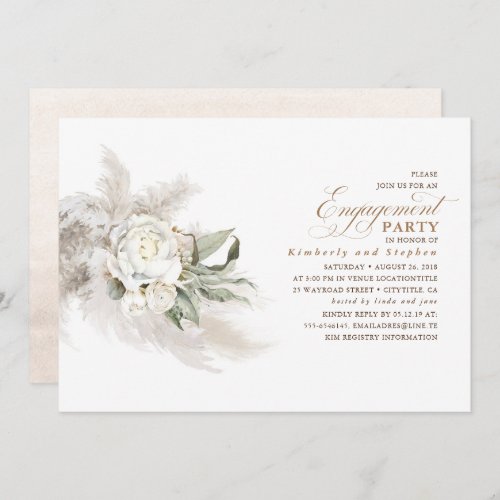 White Floral Pampas Grass Elegant Engagement Party Invitation