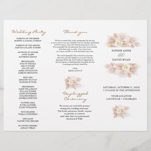 White Floral Pampas Grass TriFold Wedding Program Flyer