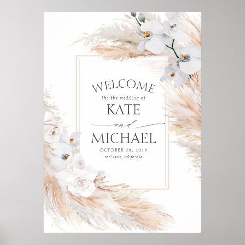 White Floral Pampas Grass Tropical Wedding Welcome Poster
