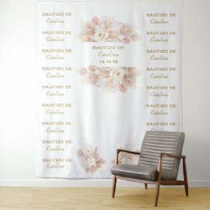 White Floral Pampas Step & Repeat Bautizo Backdrop