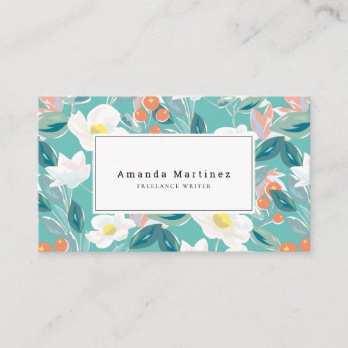 White Floral Pattern Light Teal Business Card