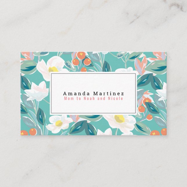 White Floral Pattern Light Teal Mommy Business Card (Front)