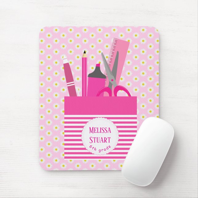 White Floral Pattern Pink Girly Stationeries Mouse Pad (With Mouse)