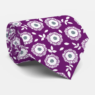 White floral pattern purple background neck tie