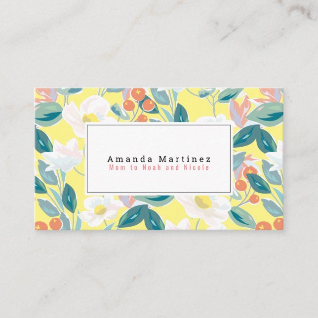 White Floral Pattern Yellow Mommy Business Card (Front)