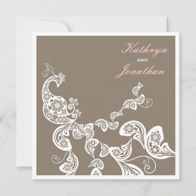 White Floral Peacock Elegant Boho Wedding Invite (Front)