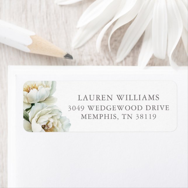 White Floral Peonies Personalized  Label (Insitu)