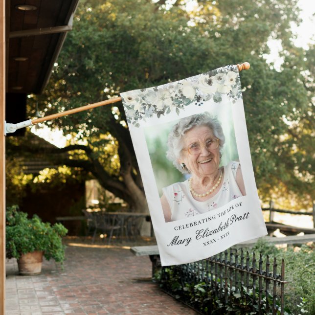 White Floral Photo Celebration of Life House Flag (In SItu)