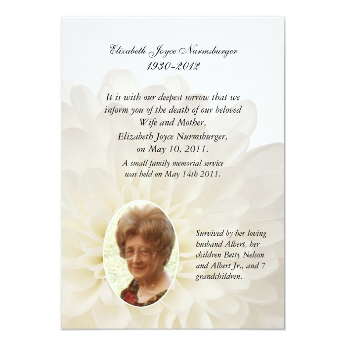 White Floral Photo Death Announcement Card | Zazzle