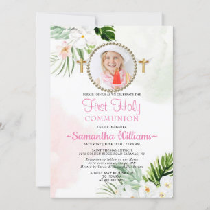 White Floral Photo First Communion Invitation