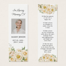 White Floral Photo Funeral Memorial Bookmark