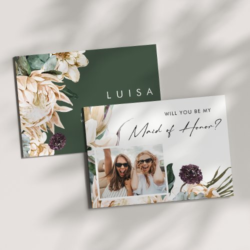 White Floral Photo Maid Of Honor Proposal Card