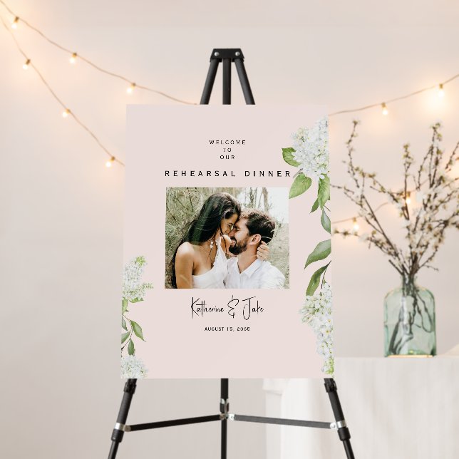 White Floral Photo Rehearsal Dinner Blush Sign (In Situ (Stand))