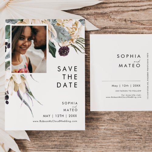 White Floral Photo Save The Date Postcard
