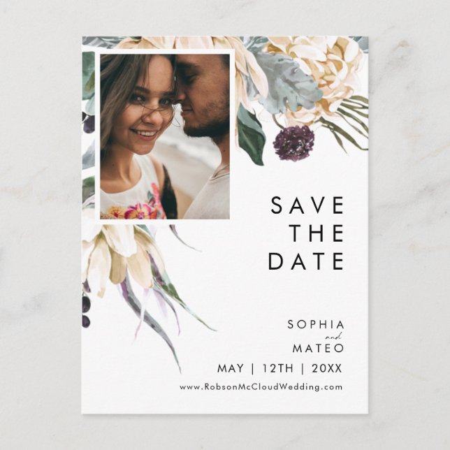 White Floral Photo Save The Date Postcard (Front)