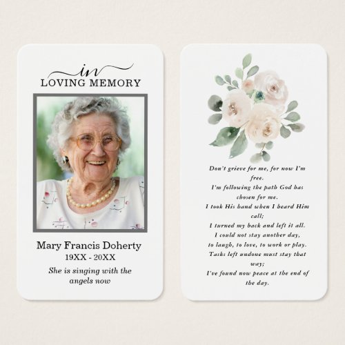 White Floral Photo Sympathy Funeral Prayer Card