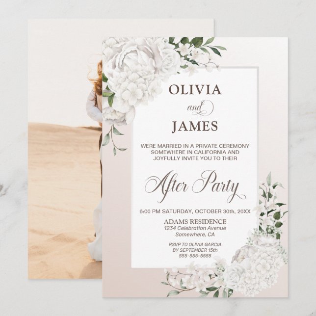 White Floral Photo Wedding Reception Invitation (Front/Back)