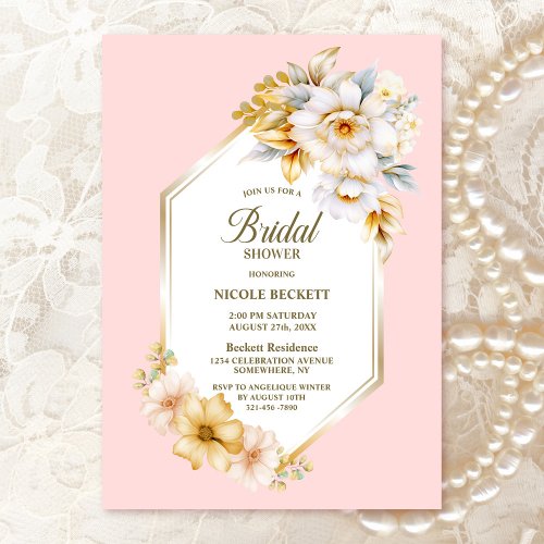 White Floral Pink Geometric Bridal Shower Invitation