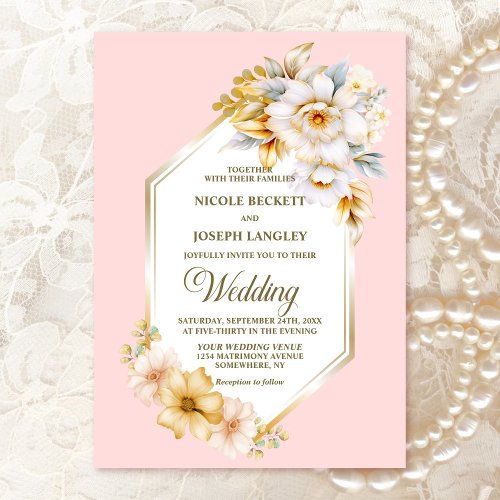 White Floral Pink Geometric Wedding Invitation