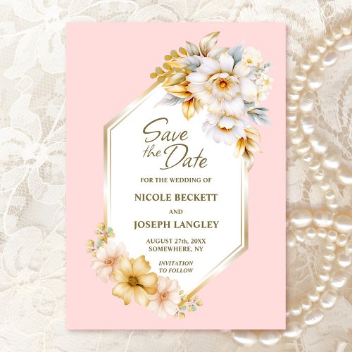 White Floral Pink Geometric Wedding Save the Date 