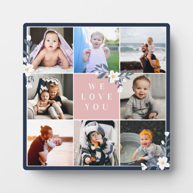 White Floral Pink Navy 8 Photos We Love Mom Plaque (Front)